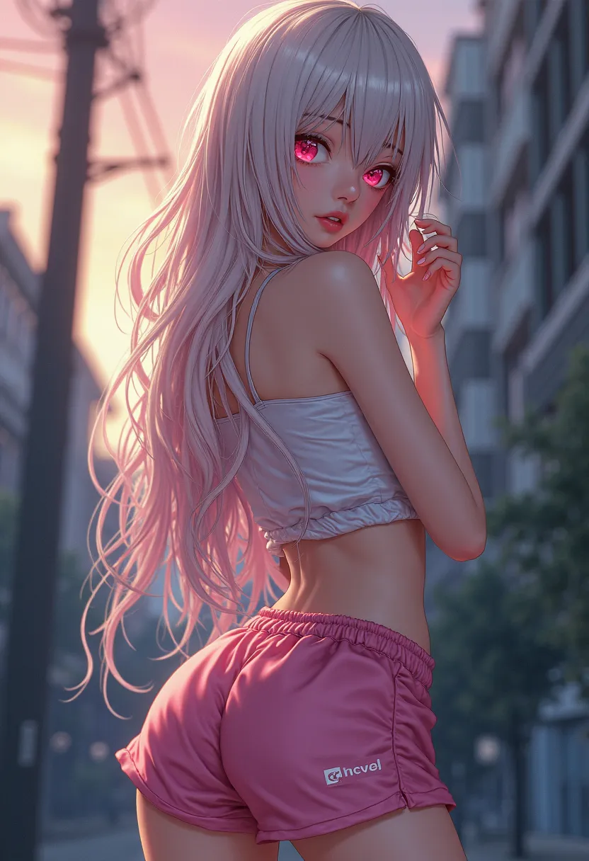 A young Korean cinematic anime woman, long emo hair covering her eyes a little messy White with pink gradient, red eyes, wearing cool, contemporary bobo clothes, wearing a pink half skirt with pink training shorts, Sensual and passionate posing with blurre...