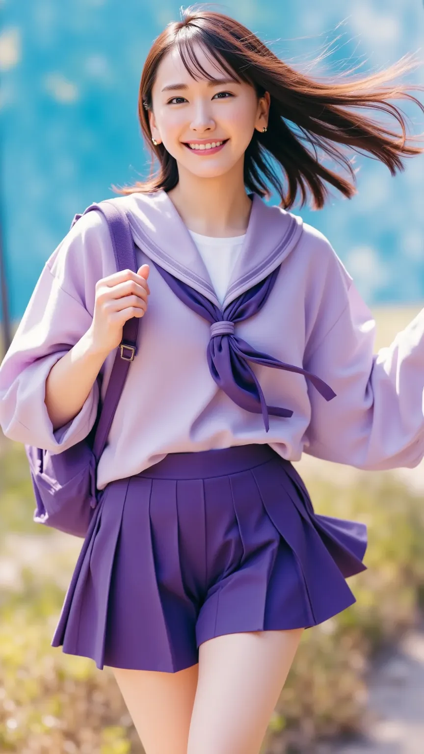 nsfw, Top Quality , High Resolution, 16k,    9  ,  very well detailed, 2.5D,   delicate and dynamic ,  Beautiful woman under the hood,    Charming Smile  ,    Chubby high school girl , uniform、  sailor suit、、 ,  backpack,  ,  purple costume, ((Walking in t...