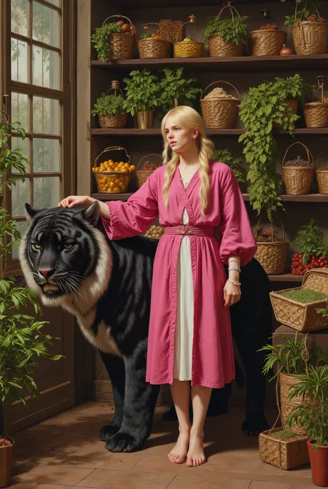 ((fullbody))in jc leyendecker and paul cadmus art style, "the healer", fullbody, close up big black tiger, perfect anatomy, the merchant, shelves with HERBS, FRUITS, LITTLE BOXES, VEGETABLES, GRAINS, DUMBBELLS , reach intricate background LARGE WINDOWS TO ...