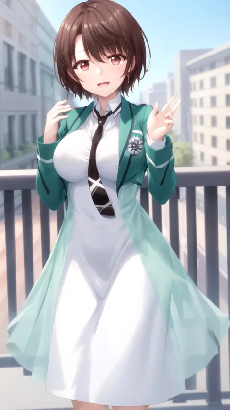 masterpiece, best quality, high quality, girl, solo, looking at viewer, yuuta_kadowaki, large breasts, school uniform, magic_high_school_uniform,green jacket,white dress,black necktie, standing, smile, open mouth, outdoors