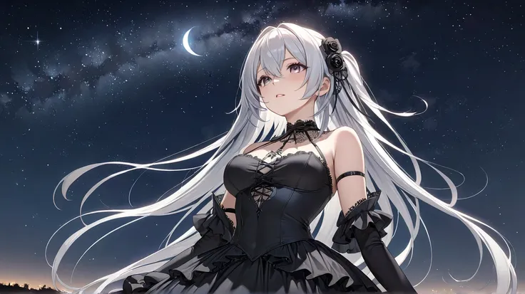 (Best Quality,  masterpiece,  super precise, High Resolution), 8k,  Anatomically Accurate Body , Nightcore, black dress,  Gothic Maiden anime girl , White-haired goddess, beautiful charming anime woman, Stargazing, Look up, full body,  from below, beautifu...