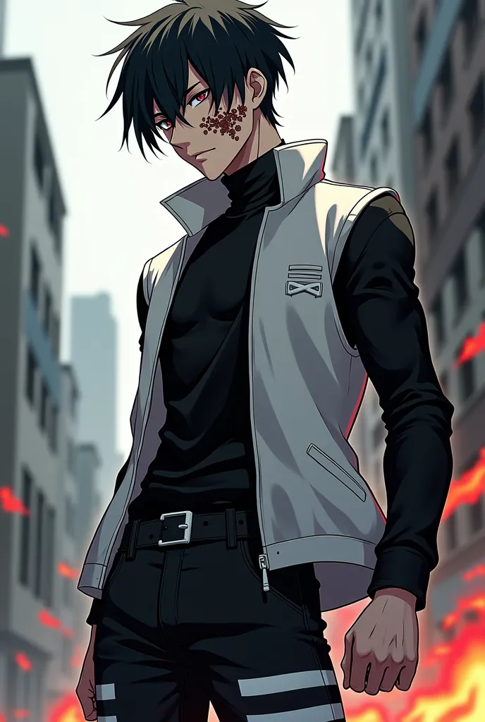  A black-haired man, Undercut cut with long fringe, left side of the face full of bomb scars, open white vest, black turtleneck blouse underneath, black pants with white bands and black sneakers, In the anime RPG style, Who smokes cigarettes