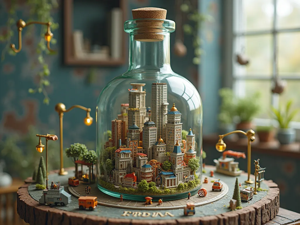 Miniature city in a glass bottle photo realistic 