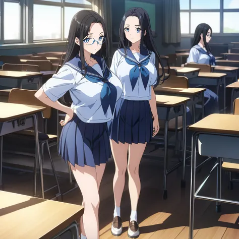 full body,from side,1 girl,blue-rimmed glasses,standing,A dismal expression,looking away,school uniforms,sailor suit,long hair,  black hair, Forehead,Big Breasts,blue eyes,classroom,finely detailed  beautiful face, High Quality ,anime, beautiful, high defi...