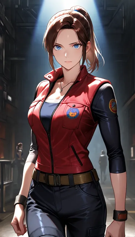 Claire Redfield,  ponytail, brown hair, Blue Eyes, {{ Master Part , best quality, CG Maximum Detail, Unity 8k วอลเปเปอร์, movie lighting}}