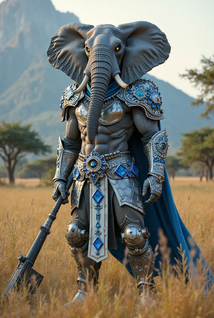 front view,gallant knight with a male Elephant Head and a large tusk,yellow-eyed ,and human body,gray-skinned athletic body,wear colossal combat armor with epic blue jewel ornaments,combination of silver,and blue,memakai kain sabuk motif batik putih and bl...