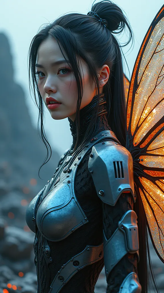 (AWPortraitFL LoRA V16),(Qingxu_Fotografía realista de retratos de belleza asiática_V11), (Qingxu_Fotografía realista de retratos de belleza asiática_F.11), Hermosa mujer japonesa cyborg in a spaceship (blue eyes), with anthropomorphic cybernetic elements ...