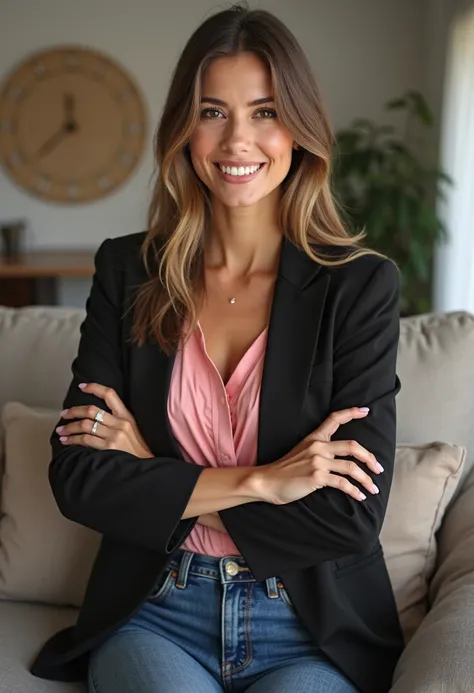 Generate a very realistic and natural photo of a 34-year-old Brazilian woman, Light brown straight straight hair, light makeup, is smiling, wears a black blazer pink shirt and jeans, with her arms crossed in the living room her fingers are perfect and nail...