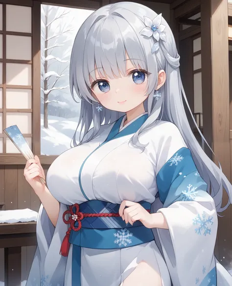 white retro modern kimono、 Snowflake decoration on kimono、long straight hair with gray hair、 hair down、white flower and snowflake hair ornament、Sister、Soft and fluffy、Gentle、cute、Big Breasts、Holding a blue fan in his hand、with snow falling on the backgroun...