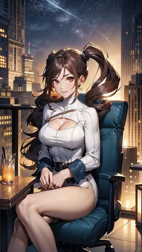 (masterpiece, best quality), intricate details, 8k, art station, wallpaper, official art, splash art, sharp focus,, 1girl, long hair, twin tails, red eyes, brown hair, skyscrapers, night city, buildings, cars, street,  sitting side-saddle on a chair, with ...