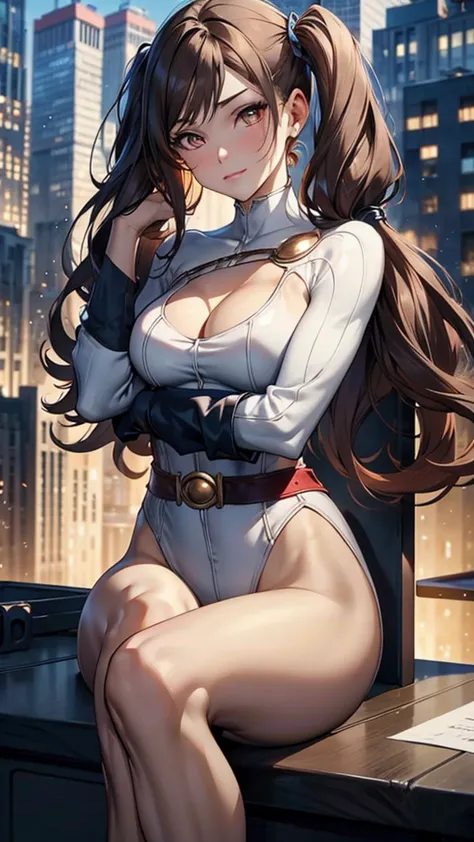 (masterpiece, best quality), intricate details, 8k, art station, wallpaper, official art, splash art, sharp focus,, 1girl, long hair, twin tails, red eyes, brown hair, skyscrapers, night city, buildings, cars, street,  sitting side-saddle on a chair, with ...