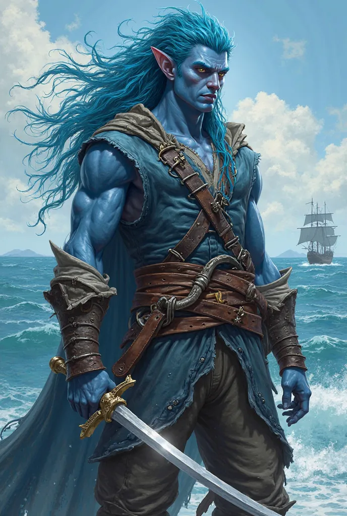 Male Sea Elf 20 years old, Blue, Realistic Pirate