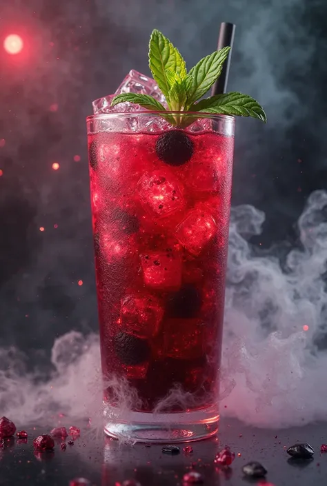 Create a drink , mojito type, with red and black and have creative details. The design has to be 3D, realistic, magical. 