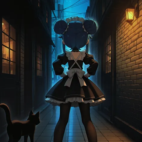masterpiece, best quality, amazing quality, Anime Screencap. BREAK. 1girl,
original character,
blue hair, bun hairstyle, two long sidelocks, gothic style,
standing, hands on hips,
dark alley, cat cafe, cats, night,
maid outfit, black dress, frills, my...