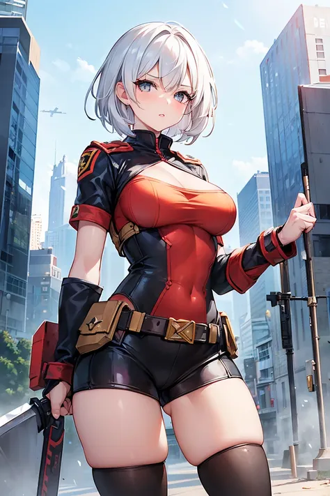 (masterpiece, lips, high resolution, realistic photo, Realistic looking skin:1.1),
(A woman in battle position:1.8),
(She looks like a not-so-serious attitude: 1.5),
(She's wearing a hero's costume:1.8),
(  shows her curves :1.5),
(She has a big hammer in ...