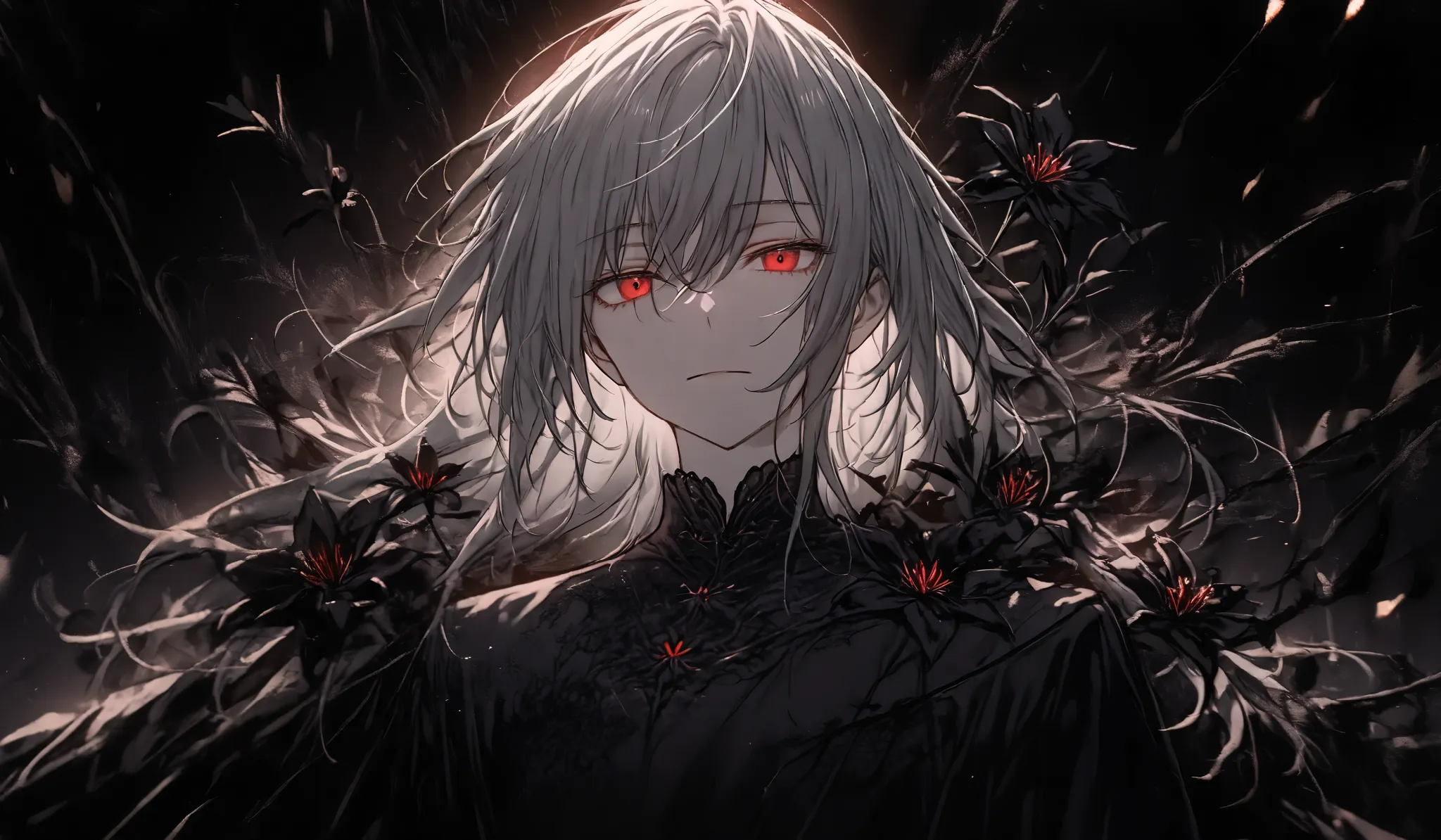 Beautiful boy with gray hair、Terrible Expression。((((Underexpose Lighting)))))、 subtle yet dramatic lighting effects ，dark atmosphere、 beautiful and delicate eyes，best quality，Superb product、Black background 。long hair、illustration depicting a viewpoint fr...