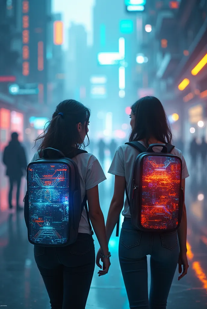 create a realistic image of 2 women walking in a technological environment with backpacks that have LED screens