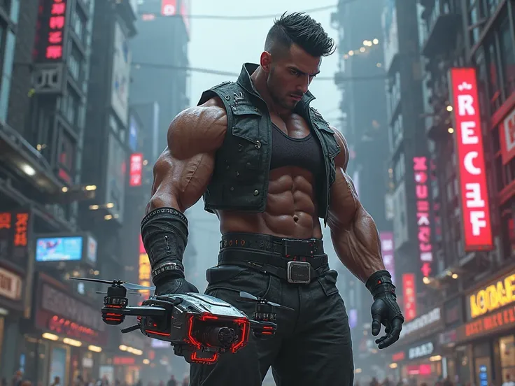 
male, muscular body, modern, drone, sharp gaze, on the street, cyberpunk