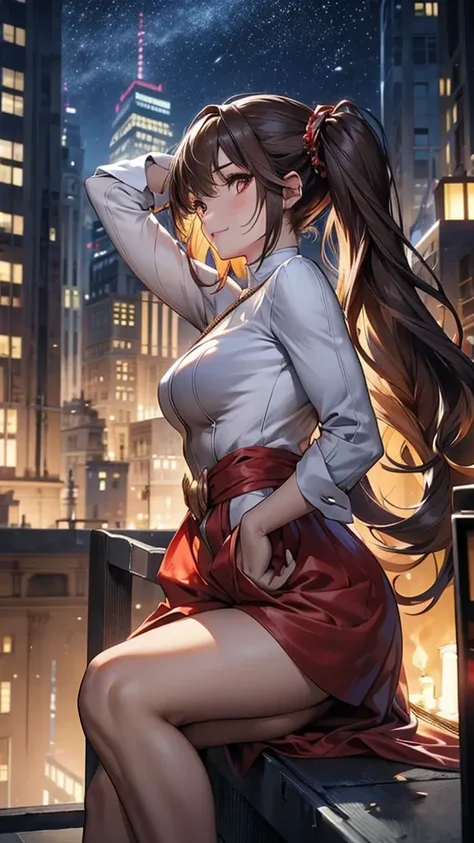 (masterpiece, best quality), intricate details, 8k, art station, wallpaper, official art, splash art, sharp focus,, 1girl, long hair, twin tails, red eyes, brown hair, skyscrapers, night city, buildings, cars, street,  standing or sitting with one hand mid...