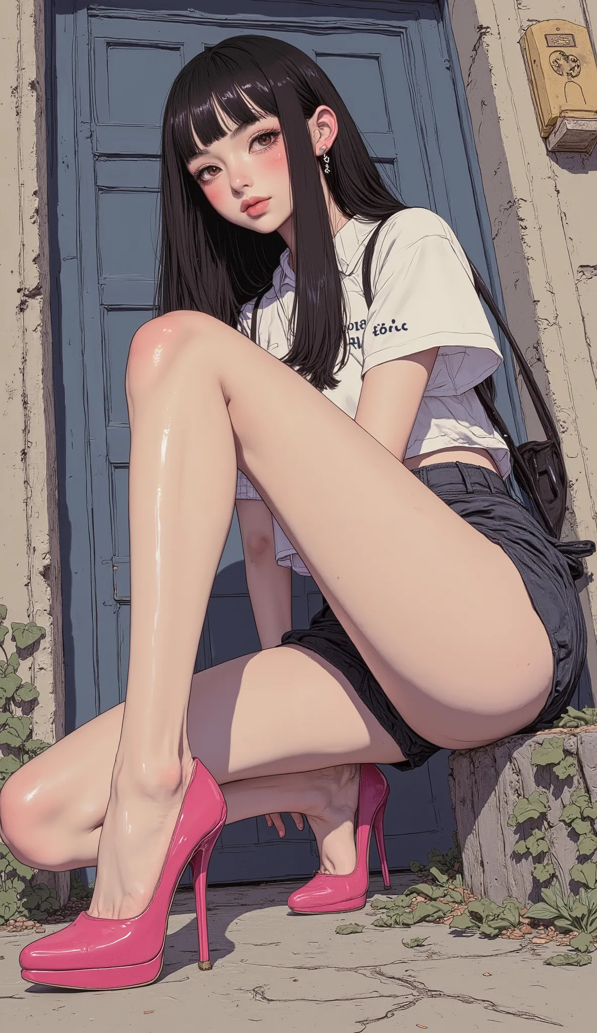 a close up of a person in high heels 屈む, concept art by , Giantess Art, thick,  hits the ground with one knee, thickもの,  Nico Robin, has big thighs, The statue, inspired by the character with a cute sexy ass, boobs, bewitching anime girl,  huge legs toweri...