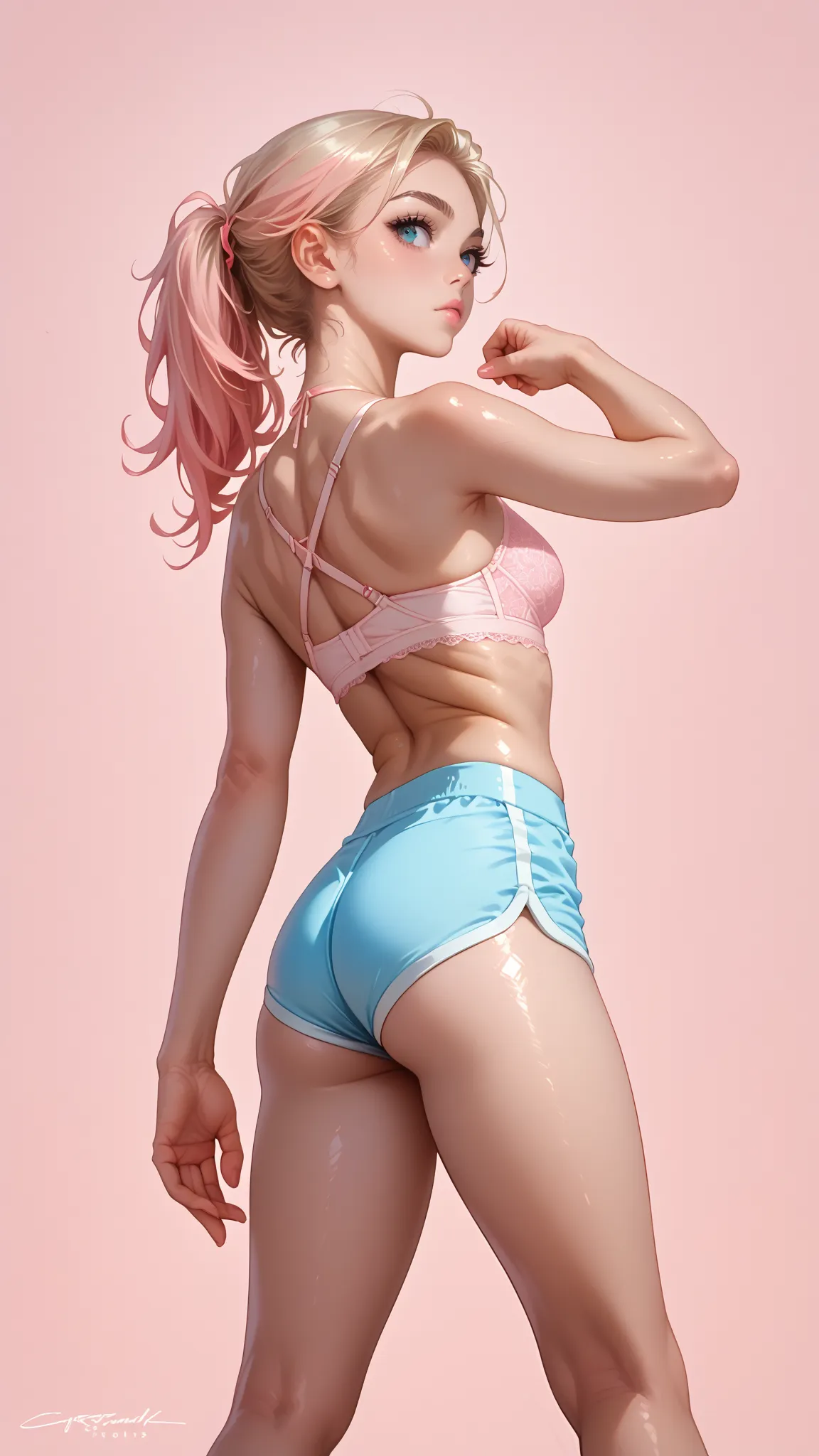 Sexy anime girl, bra and shorts, bra strip, big breast, doing yoga, doing yoga positions, push up, back view, simple light pink background.