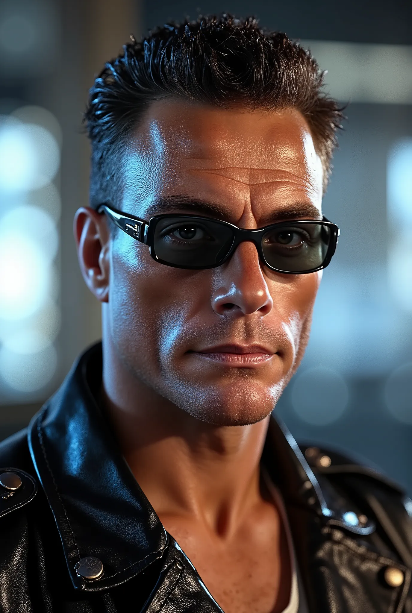 Here's a detailed prompt to generate a super realistic image of Jean-Claude Van Damme as Johnny Cage, with a brilliant and detailed look, focused on the upper body: "Close-up hiper-realista do Jean-Claude Van Damme como Johnny Cage, the movie star and char...