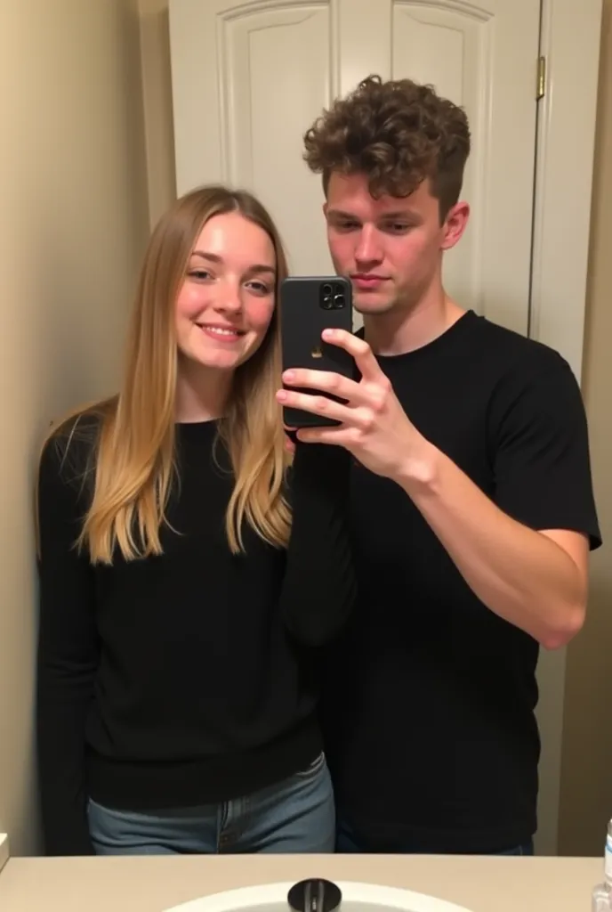 "An adolescent couple taking a casual selfie in the mirror. The girl, Long-haired blonde, wears a black long-sleeved blouse and holds the cell phone in front of their face. The boy, with short curly hair, wears a black t-shirt and also holds the cell phone...