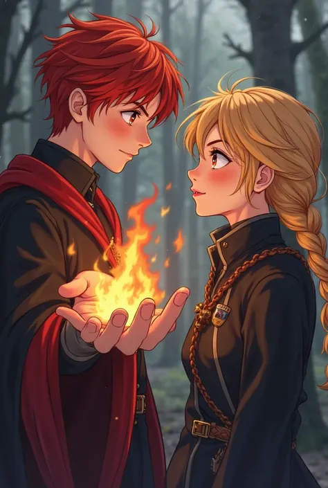 red-haired young male magician, redhead, in a black tunic with a red gryffindor interior, with a calm and focused face, casting a fire spell with one hand, with a young female magician, Blonde with only one braid, with black tunic with blue interior by rav...