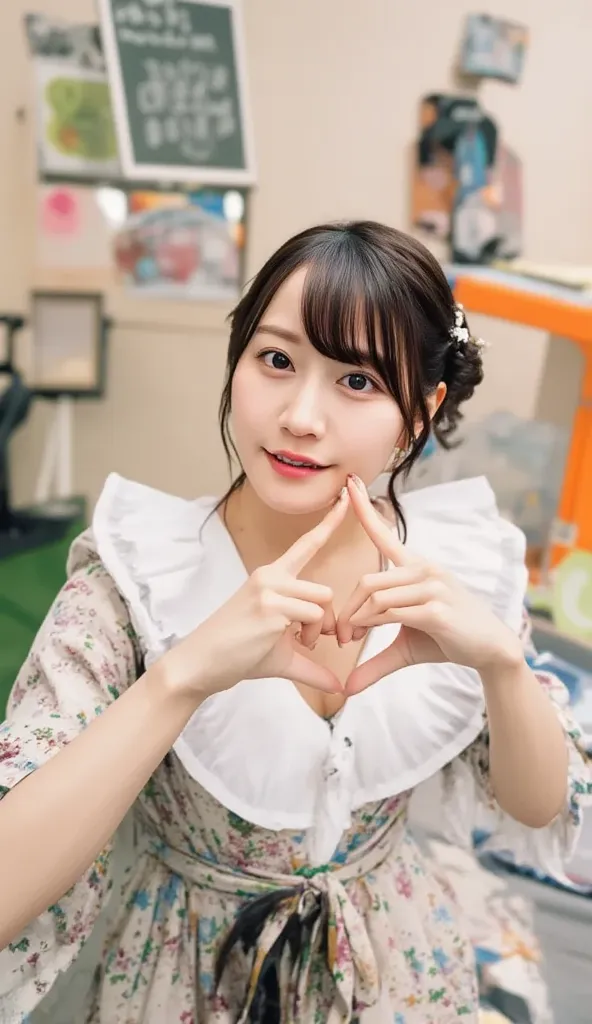 " cute japanese woman, smiling with one eye narrowed, making a heart shape with her hands. wearing stylish and contemporary clothes. The image contains a play button symbol, just like a video thumbnail. The background is simple yet elegant,  vibrant, Posit...