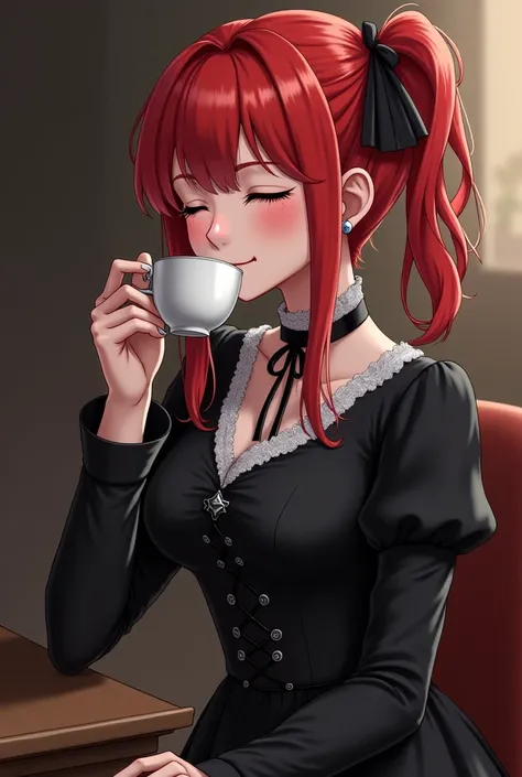 걸작, top quality, 1 female\( is closing her eyes, style\((ponytail, red hair tied),happy smile,\), A girl is drinking black tea from a teacup, Outfit \(gothic black dress, expressed with, Complete the relaxed and relaxed look\), Middle Ages, nobility, Big B...