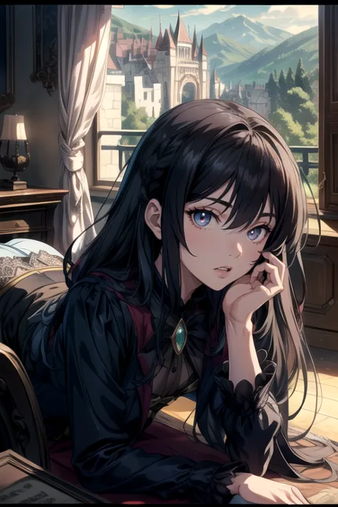 masterpiece。best quality。(a dark, gothic, and classical anime style CG:1.2)。super high definition。8k wallpaper。detailed。attention to beautiful details。Hues and overall tones are dark and cool。dynamic composition。dynamic angle。shallow depth of field。The lay...