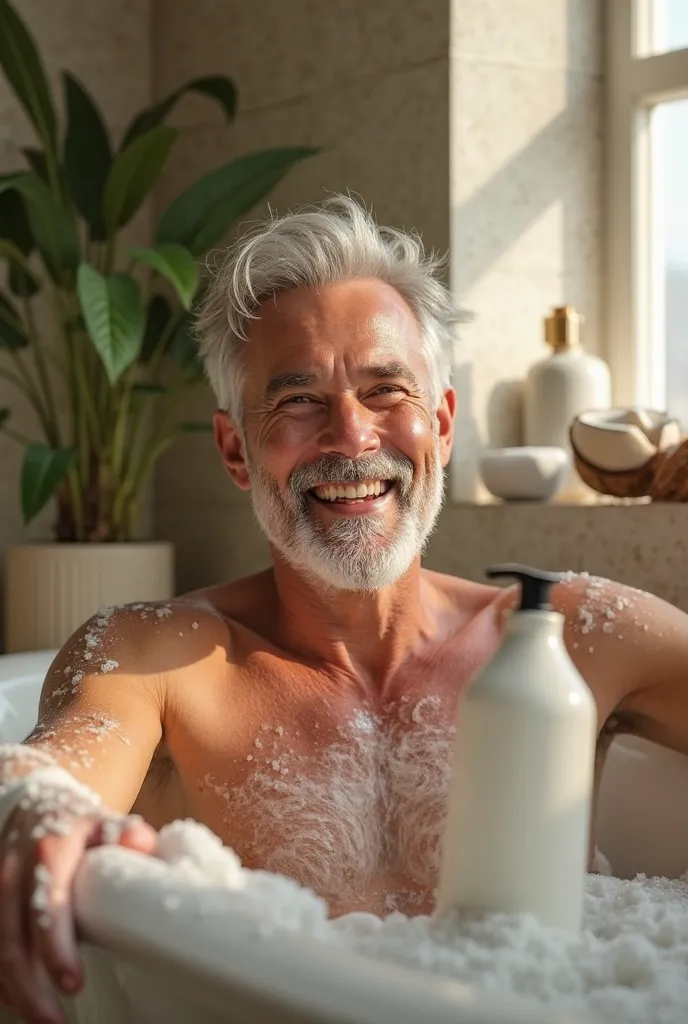 a man endorsing shampoo name AZLA COCONUT SHAMPOO while taking a bath