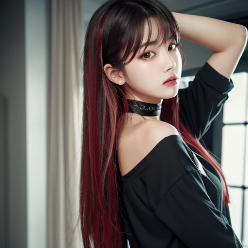  top quality ,  detailed information,  Color Difference,  1 girl,  long hair,  black hair,  messy hair, red highlights,  Hair,  red eyes, Sharp Eye,  choker ,, ,  their four ,  turn my arms around my back , Tie your arms,  