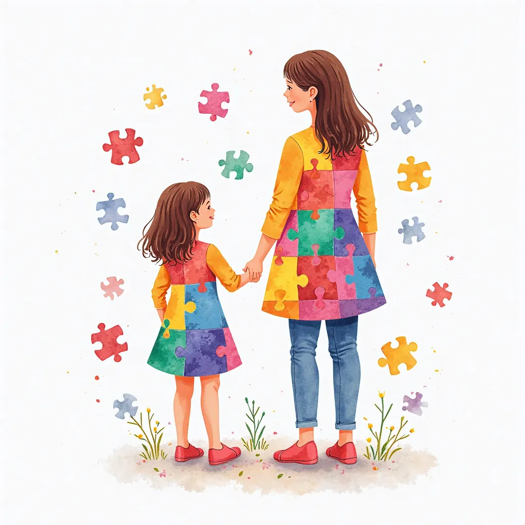 This design features vibrant and meaningful illustrations related to autism awareness. It shows a mother and  holding hands, with puzzle pieces embedded in their silhouettes, symbolizing autism. Colorful puzzle pieces are scattered around the image, reinfo...