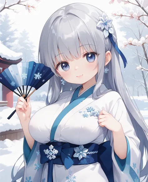 white retro modern kimono、 Snowflake decoration on kimono、long straight hair with gray hair、 hair down、white flower and snowflake hair ornament、Sister、Soft and fluffy、Gentle、cute、Big Breasts、Holding a blue fan in his hand、with snow falling on the backgroun...