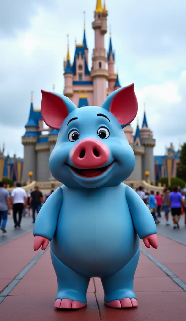  Fantastic　realistic footage　Disneyland　in front of Cinderella's Castle　Toy Story character's body is a blue pig piggy bank ham　 quadrupedal