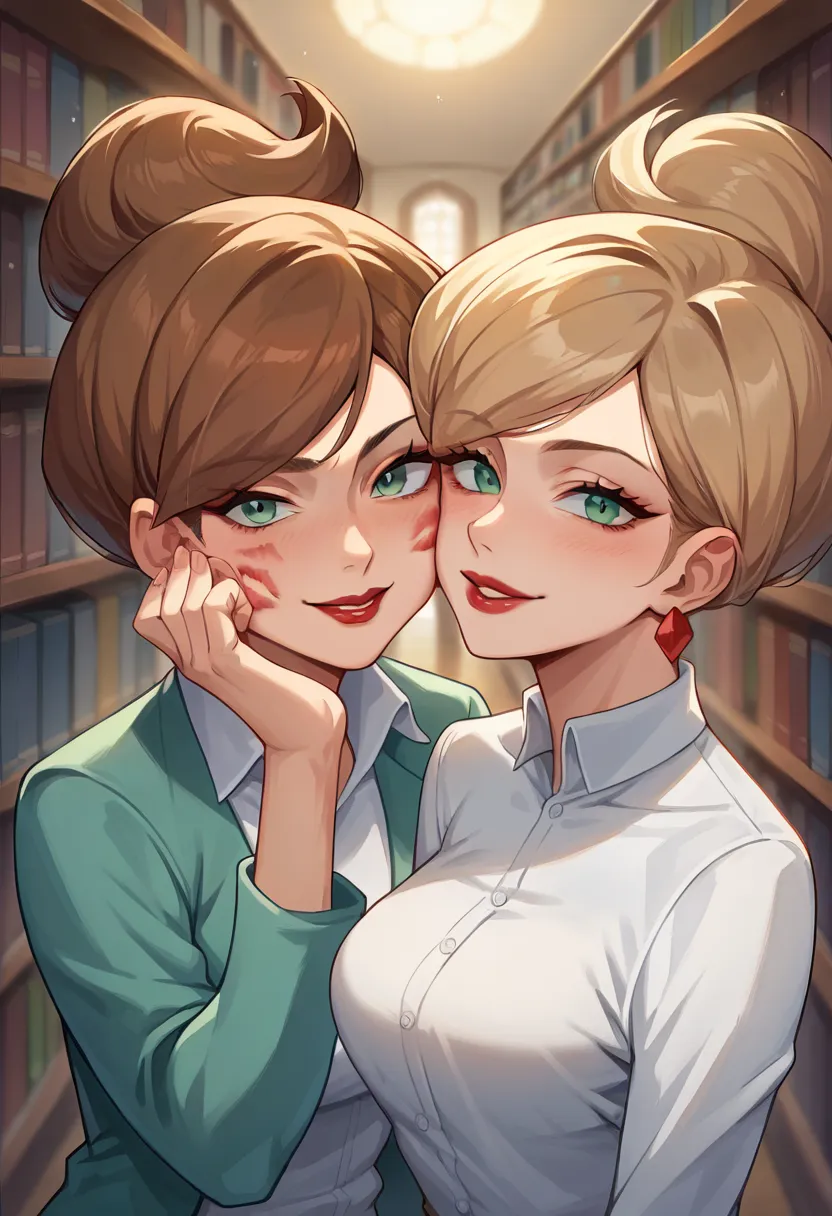 score_9, score_8_up, score_7_up, source_anime, masterpiece, 1girl, ctianjuniper, brown hair, earings, white shirt, staring at viewer, inside, library, seductive eyes, smile, red lips, zoomed in on face, face focus, woman kissing cheek, red kiss marks on fa...