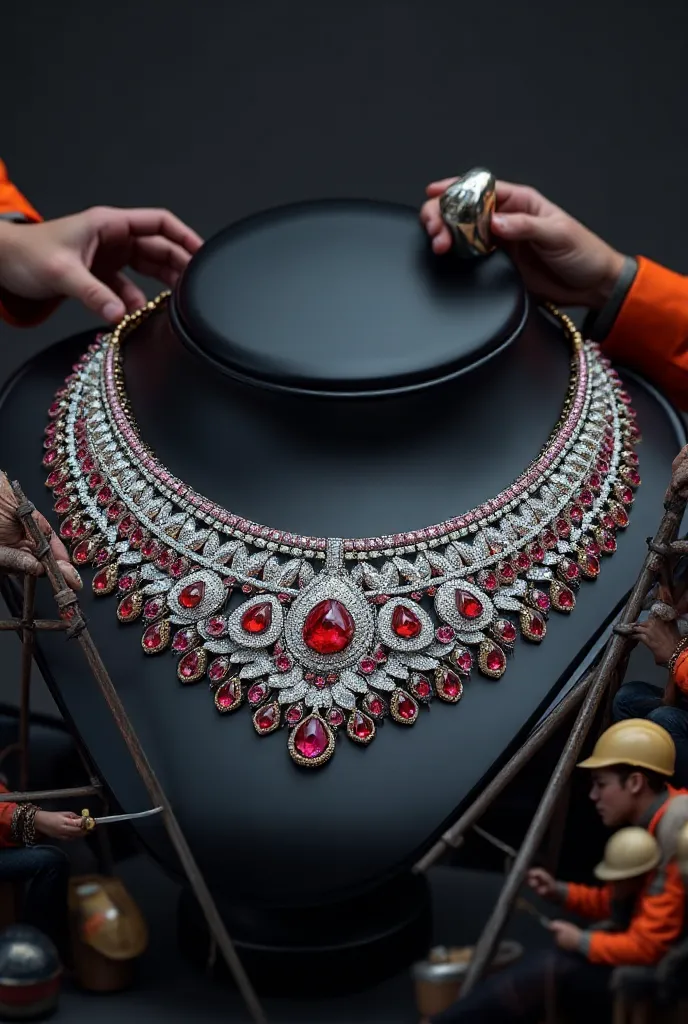 “A luxurious black model displays an elegant ruby and diamond necklace, With young construction workers repairing and assembling jewelry. Workers wearing orange safety vests and helmets, Using small tools such as tweezers, Hammers, and magnifying glasses. ...