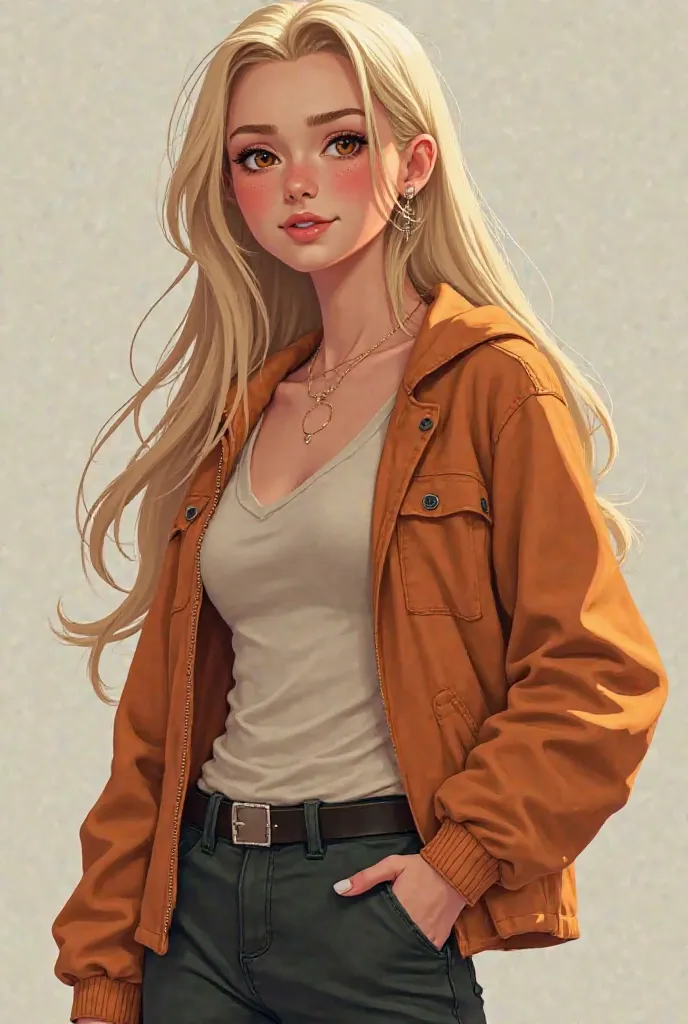  Create a young female character , 18 years old, with long hair, smooth and blond. She has expressive brown eyes and a slightly rounded face,  With a captivating smile . Her personality is extroverted and impulsive, always ready for new adventures. She lik...