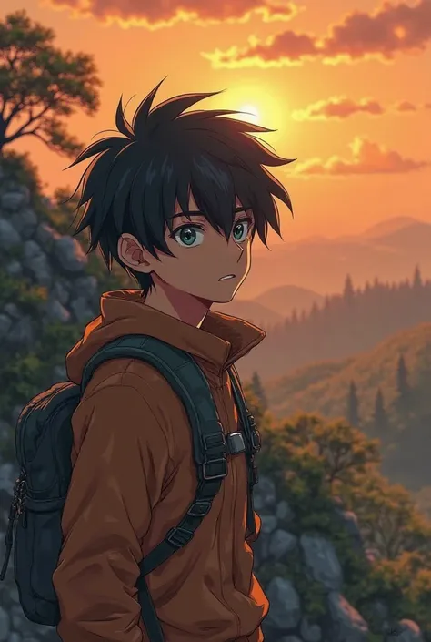 Chiku standing on a rocky hill, looking around with sharp eyes, searching for the eagle’s nest. His face is fully visible, showing a mix of exhaustion and determination. Wind blows through his hair, and the sky is turning orange with sunset. The background...