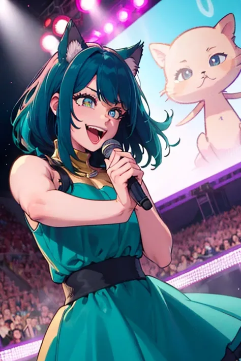 Perfect face. Perfect hands. A teal haired woman with golden eyes and teal cat ears and a teal cat tail is singing on a stage in a cute idol dress with a big smile
