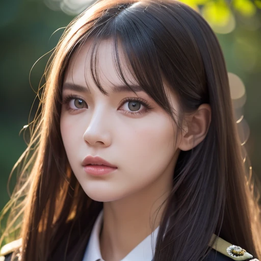  white girl with long black hair is wearing a military uniform,  Orange Cape , Big hazel eyes,  Science Fiction , Dark mood, 