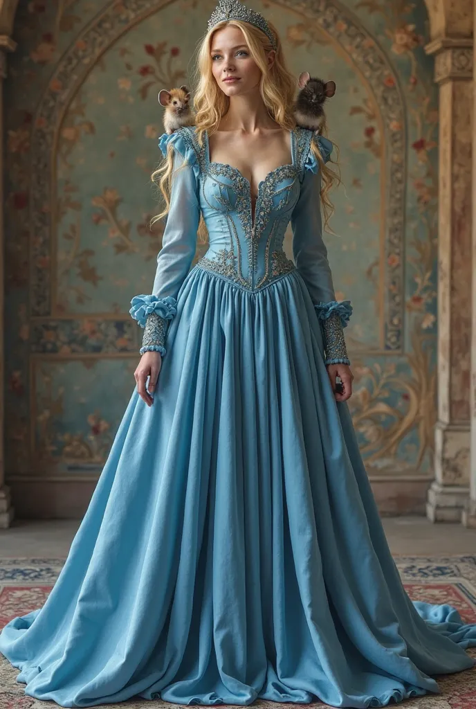 Cinderella with blonde hair as an Arab Princess wearing two shades of blue, long flowing, Lemai Vintage, Long Sleeve, Formal evening gown, A-Line women’s Gothic dress. Full body image. With three small tiny mice standing on her shoulders. 