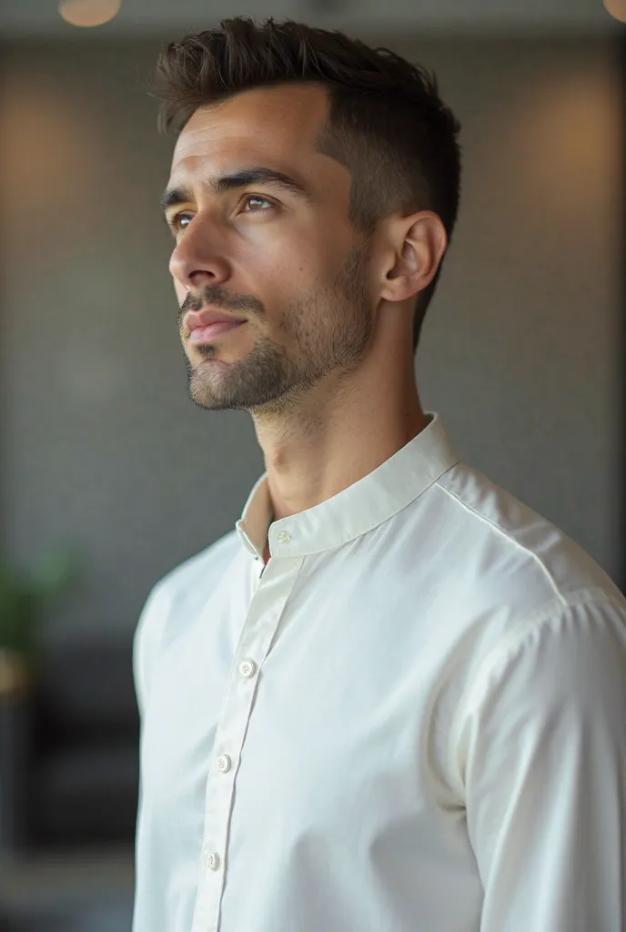 slim-thin man with short haircut in a professional formal with white kurta on business meeting, professional candid profile picture, headshot profile picture, profile detailed portrait of a slim-thin man with short dark hair wearing a professional formal w...