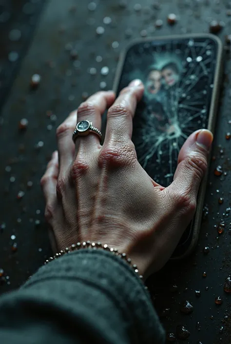 extreme closeup trembling hand,raindrops on skin,wedding ring reflection,broken phone screen with couple photo,hyper realistic details,dramatic shadows --ar 9:16 --style raw