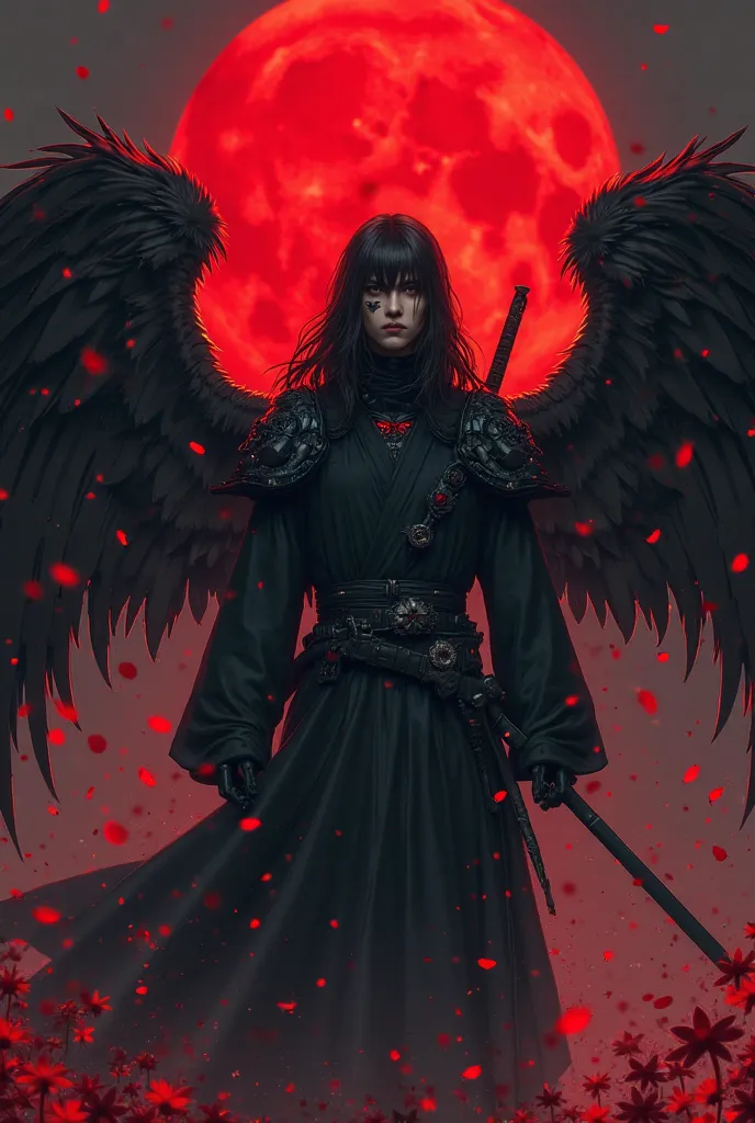 A  black,dark in complexion guy with no emotions with very huge mechanical wings that is not having feathers that has red light and glowing crimson mechanical eyes. With full body black lightweight armour, he is holding one crimson katana and his eyes are ...