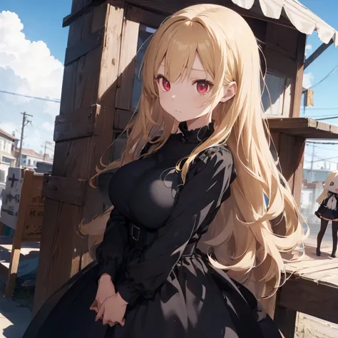 1 female, age girl, black long sleeve dress, blonde long hair, red eyes, rosa cheeks, doll store, sad face, huge breast, blue sky, hands in the hair