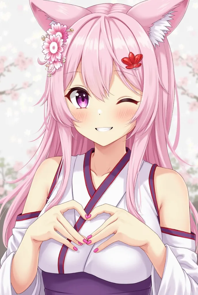 1girl, solo, long hair, breasts, looking at viewer, blush, smile, bangs, hair ornament, animal ears, hair between eyes, bare shoulders, jewelry, purple eyes, upper body, pink hair, flower, heart, earrings, parted lips, detached sleeves, one eye closed, jap...