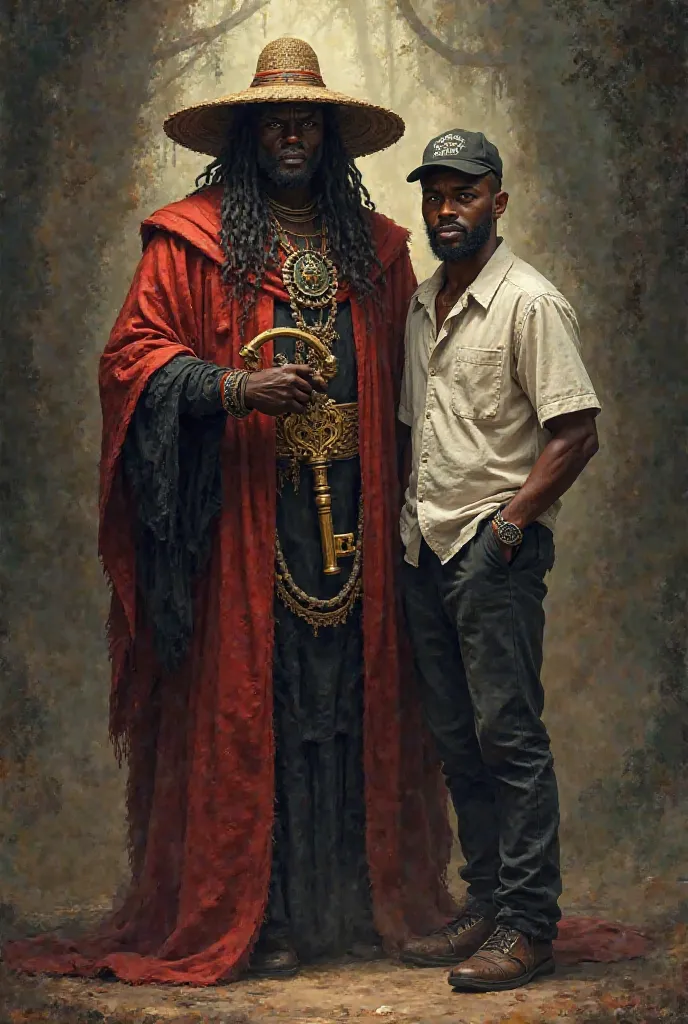 
Prompt: "A highly detailed, realistic scene of two Afro-Brazilian spiritual entities. Exu Tranca Rua is a tall, muscular figure, standing with a firm stance, wearing a red and black robe, with a large, ornate key in his right hand, symbolizing his role as...