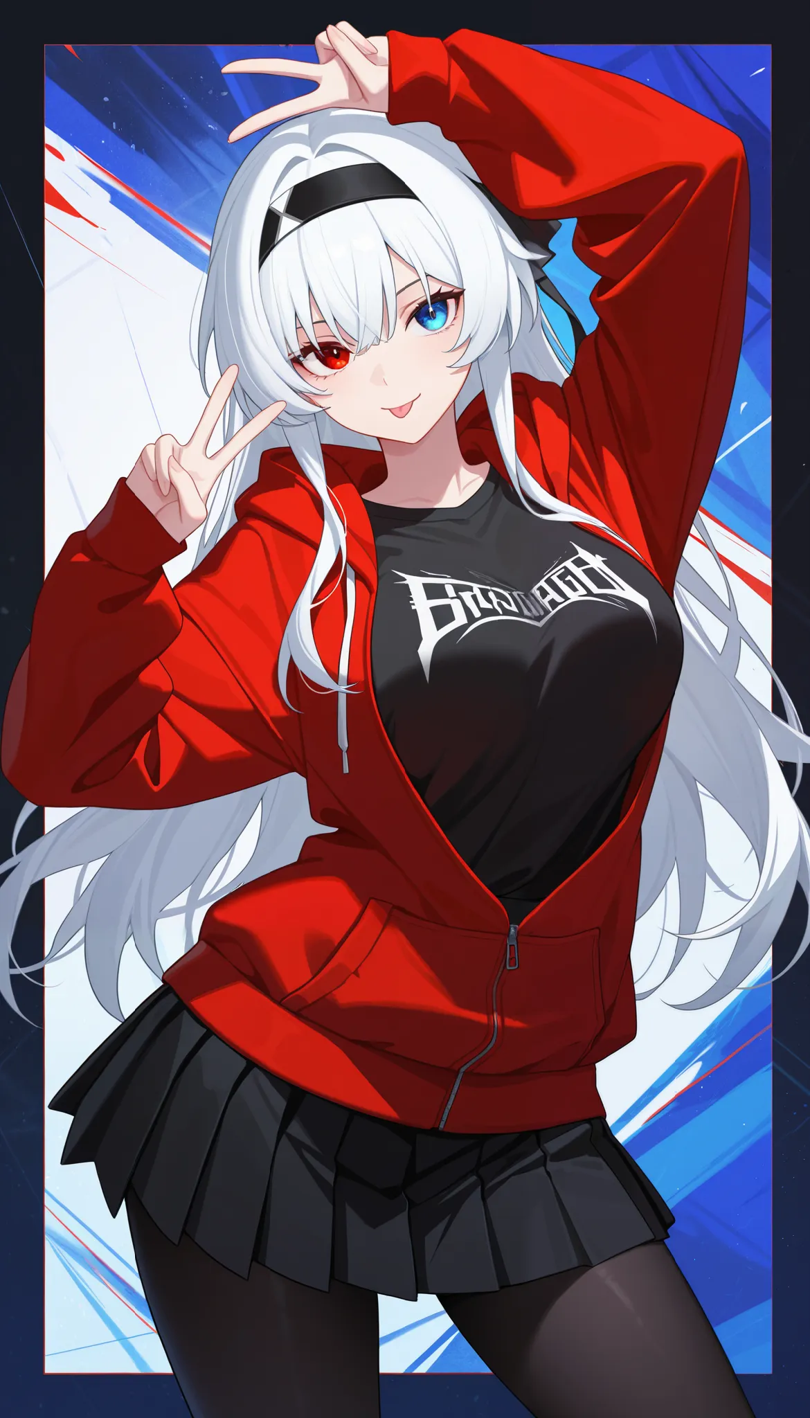 best quality, masterpiece, absurdres, 1girl, heterochromia, red_eye, blue_eye, black_headband, white_hair, bangs, large_breasts, tall, long_hair, (firefly_\(honkai:_star_rail\):0.6), solo, red_hoodie, open_clothes, graphic_shirt, black_shirt, :p, pleated_s...